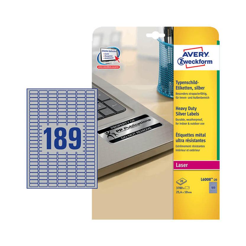 25,4*10 mm-ové Avery Zweckform A4 hárkové print etikety, strieborná farba (20 hárkov/balenie)