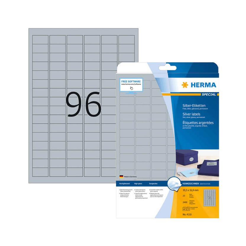 30,5*16,9 mm-ové Herma A4 hárkové print etikety, strieborná farba (25 hárkov/balenie)