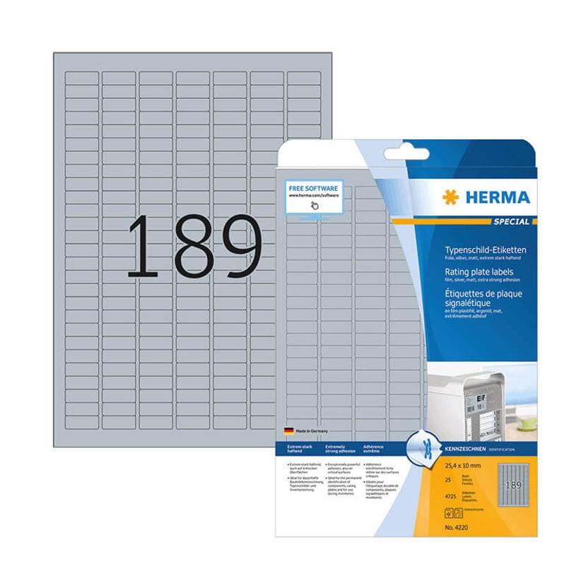 25,4*10 mm-ové Herma A4 hárkové print etikety, strieborná farba (25 hárkov/balenie)