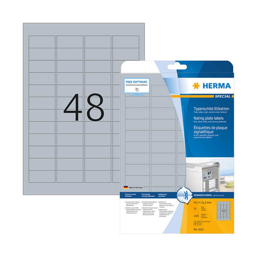45,7*21,2 mm-ové Herma A4 hárkové print etikety, strieborná farba (25 hárkov/balenie)